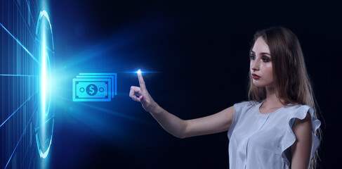 Business, Technology, Internet and network concept. Young businessman working on a virtual screen of the future and sees the inscription: