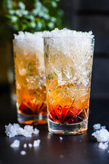 cocktail ice syrup drink, sparkling water alcohol or non-alcoholic beverage food background top view copy space 