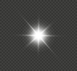 
White glowing light explodes on a transparent background. Bright Star. Transparent shining sun, bright flash. Vector graphics.