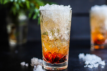 cocktail ice syrup drink, sparkling water alcohol or non-alcoholic beverage food background top view copy space 
