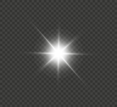 
White glowing light explodes on a transparent background. Bright Star. Transparent shining sun, bright flash. Vector graphics.