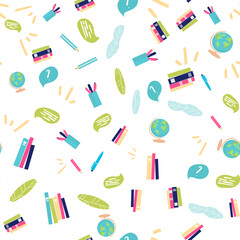 Back to school - seamless pattern background globe books, pens pencils on white background. for wallpaper, pattern fills, textile, web page background, surface textures. Vector illustration.