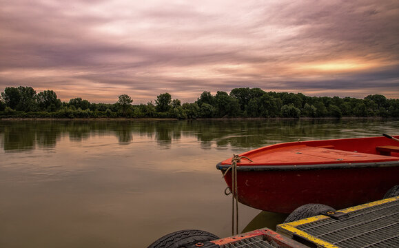 Boretto, Reggio Emilia/Italy - Jun 2nd 2020: sunrise from the bank of Po river, Emilia Romagna region