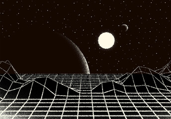 Retro dotwork landscape with 80s styled laser grid, planet, sun and stars background from old sci-fi book or poster © swillklitch