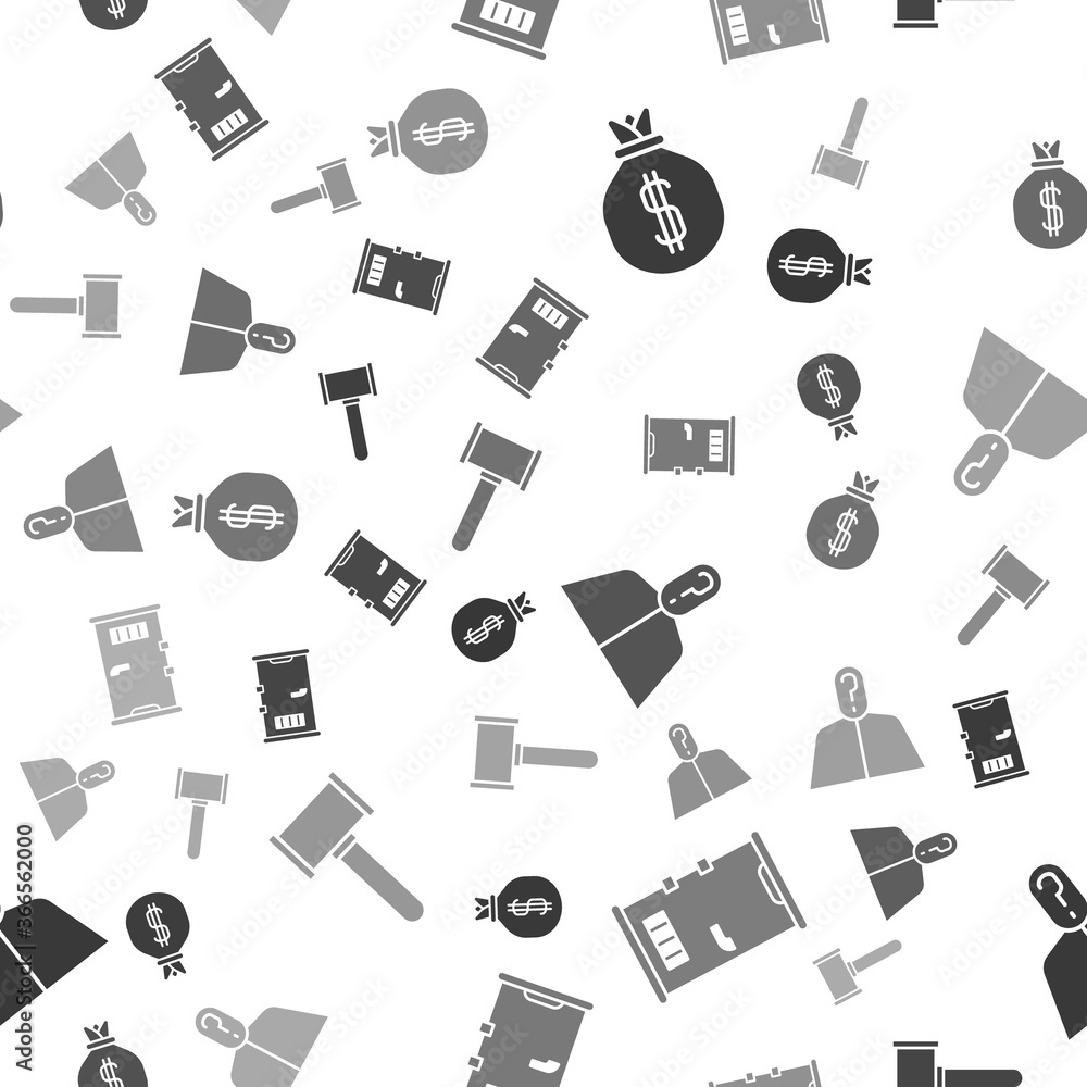 Poster set money bag, prison cell door, anonymous with question mark and judge gavel on seamless pattern. v