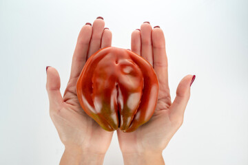 A large ripe red tomato lies in the female palms.