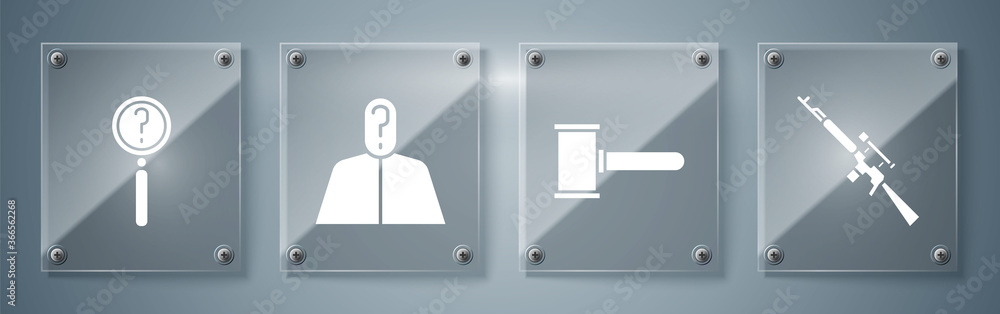 Poster set sniper rifle with scope, judge gavel, anonymous with question mark and magnifying glass with sea