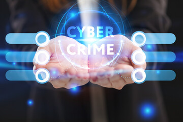 Business, Technology, Internet and network concept. Young businessman working on a virtual screen of the future and sees the inscription: Cyber crime