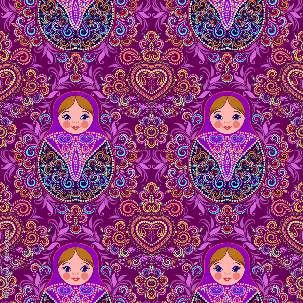 Wall mural Seamless colorful pattern with nesting dolls. Traditional russian pattern - art symbol. Classical design and decorating, vector print.