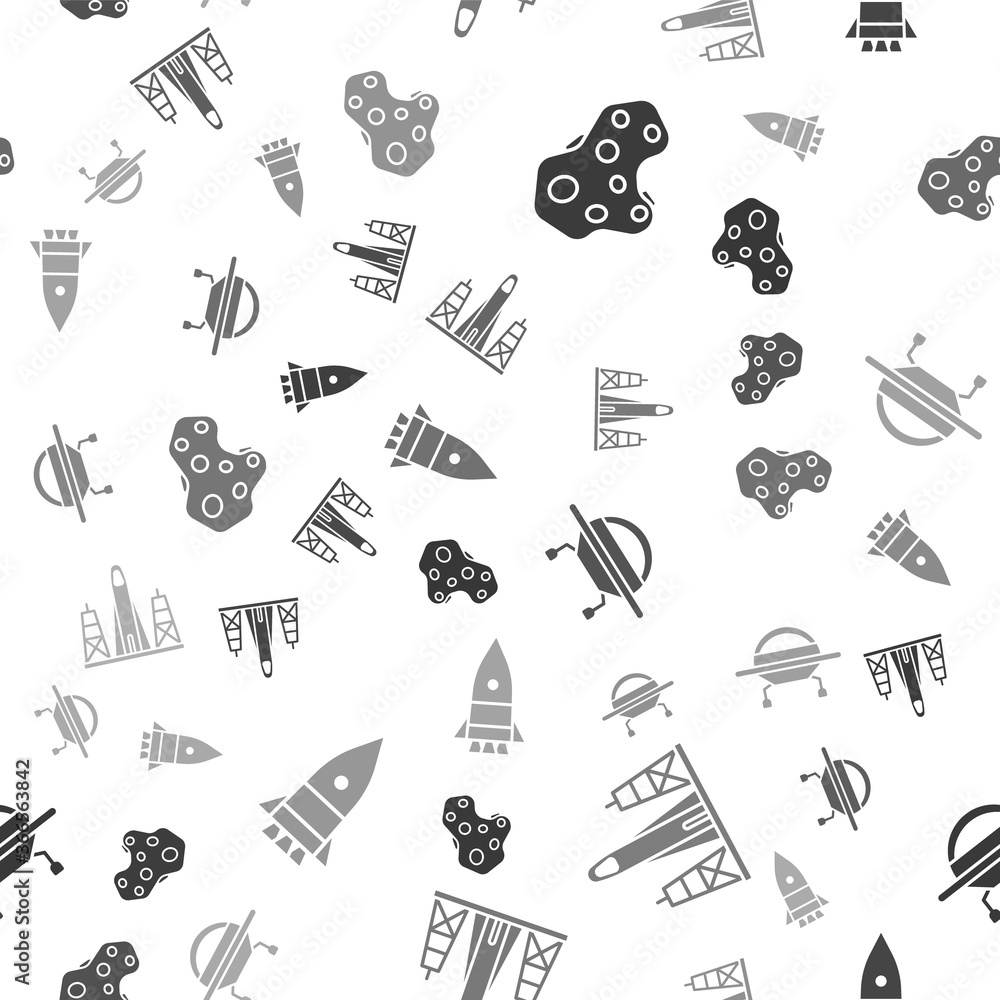 Poster set asteroid, rocket launch from the spaceport, ufo flying spaceship and rocket ship on seamless pat