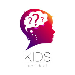 Child violet logotype with brain and question in vector. Silhouette profile human head. Concept logo for people, children, autism, kids, therapy, clinic, education. Template symbol modern design
