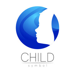 Child logotype in blue circle vector. Silhouette profile human head. Concept logo for people, children, autism, kids, therapy, clinic, education. Template symbol, modern design isolated on white