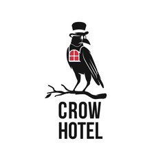 illustration of a crow's hotel logo design, unique and artistic