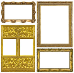 Set of golden frames for paintings, mirrors or photo isolated on white background