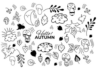  Vector set of autumn drawings. Leaves, berries and mushrooms, an acorn and a cloud with cute faces and closed eyes. Use for fall design and decoration. Vector. Outline. Isolated elements