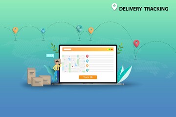 Concept of delivery tracking, businessman is preparing the shipment and standing in front of laptop that the display contain map and GPS to track and deliver the goods to the customers on time.
