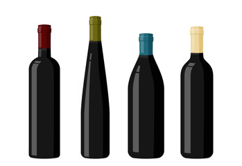 Black glass wine bottles. Realistic vector illustration.