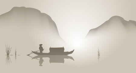 Fototapeta na wymiar Oriental style landscape, boat and mountains. Vector illustration.
