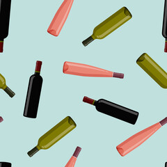 Colorful glass wine bottles background. Seamless pattern.
