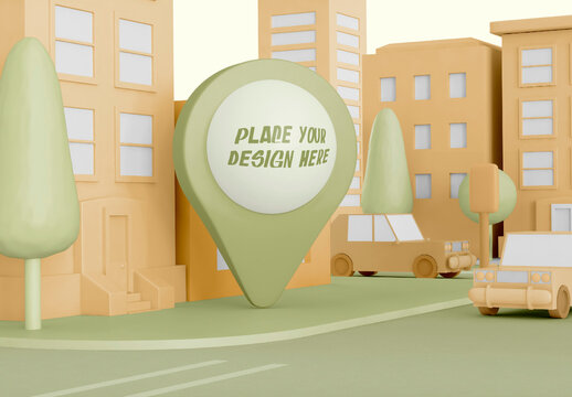 Cartoon City with Map Pointer Mockup