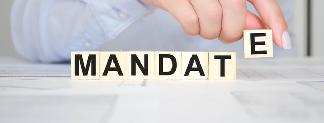 woman holds a cube with text. written text mandate