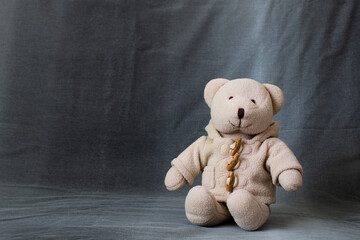 Cute sitting teddy bear wearing a warm buttoned duffel coat with hood and pocket isolated on dark gray background. Empty space for text