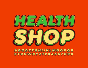 Vector business sign Health Shop. Yellow trendy Font. Creative Alphabet Letters and Numbers