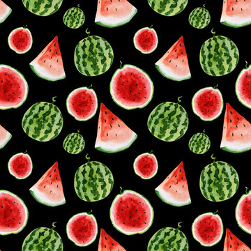 Seamless pattern with watercolor images of watermelons on a black background