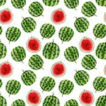 Simple seamless pattern with watercolor images of watermelons on a white background