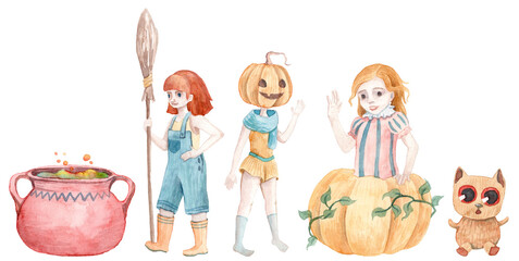 Collection of hand painted watercolor halloween girls with atributes 