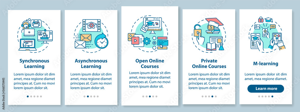 Poster distance learning types onboarding mobile app page screen with concepts. open online courses. remote