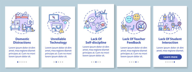 Naklejka premium Distance learning cons onboarding mobile app page screen with concepts. Student interaction. Remote education walkthrough 5 steps graphic instructions. UI vector template with RGB color illustrations