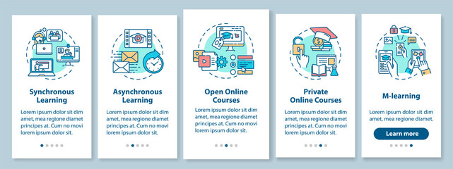 Distance learning types onboarding mobile app page screen with concepts. Open online courses. Remote education walkthrough 5 steps graphic instructions. UI vector template with RGB color illustrations