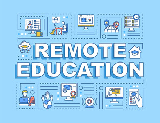 Remote education word concepts banner. Distance learning. Web conferencing. Infographics with linear icons on blue background. Isolated typography. Vector outline RGB color illustration