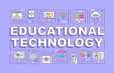 Fototapeta na wymiar Educational technology word concepts banner. E learning. Digital education. Infographics with linear icons on violet background. Isolated typography. Vector outline RGB color illustration