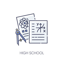 High school RGB color icon. Secondary education, academic subjects, science. Highschool tests. Physics, geometry homework and dividers isolated vector illustration