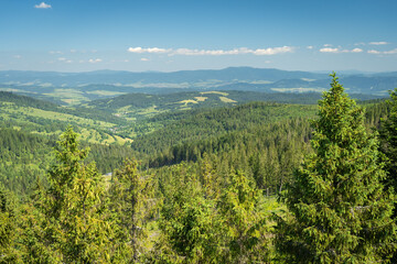 Scenic elevated view of Spis Magura in Slovakia. View of valley, forest and mountains on beautiful summer day