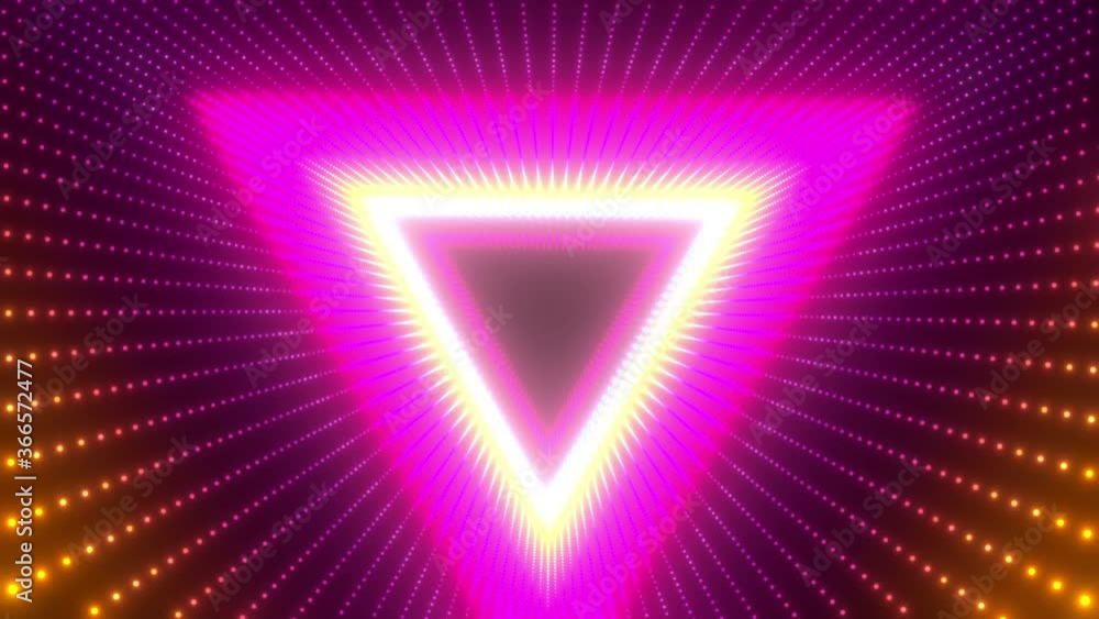 Poster infinite colorful rotating tunnel of shining neon lights. triangle form tunnel sectors. abstract cyb