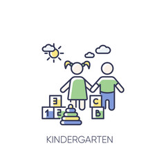 Kindergarten RGB color icon. Day care center, institution for little children. Preschool education. Girl and boy playing with toys isolated vector illustration