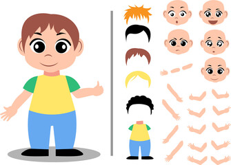 Cute boy character constructor for animation and custom illustrations. Character creation set with various views, face emotions, lip sync and poses.