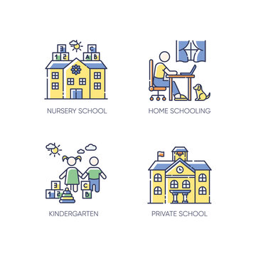 Academic studying RGB color icons set. Nursery school, kindergarten and home schooling. Private elementary and secondary education. Isolated vector illustrations