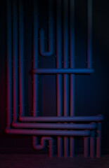 Fototapeta premium Blue and red neon lighting on drainage Pipes system. Abstract industrial background