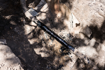 gas pipe in resin. Resin-treated pipe treated with resin.