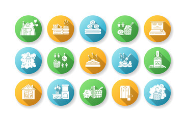 Sauna flat design long shadow glyph icons set. Steam bath relaxation, heat therapy, healthy lifestyle. Different bathhouse types and bathing accessories. Silhouette RGB color illustrations