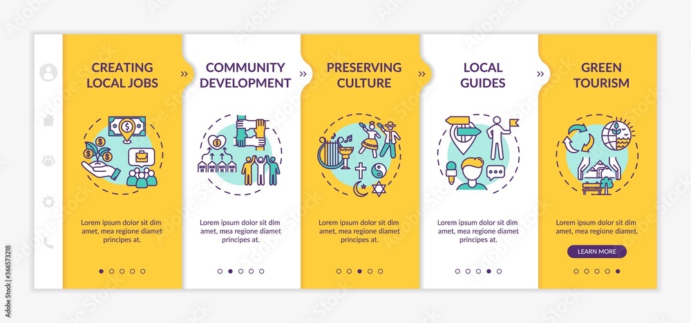 Poster benefits of local tourism onboarding vector template. creating local jobs. preserving culture. respo