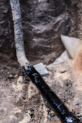 gas pipe in resin. Resin-treated pipe treated with resin.