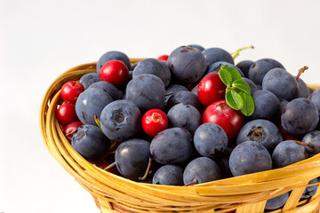 Fresh cranberries and blueberries in a basket on a white background.