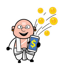 Cartoon South Indian Pandit showing Mobile Money