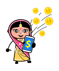 Cartoon Indian Woman showing Mobile Money