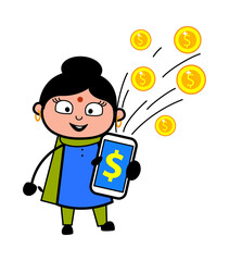 Cartoon Indian Lady showing Mobile Money